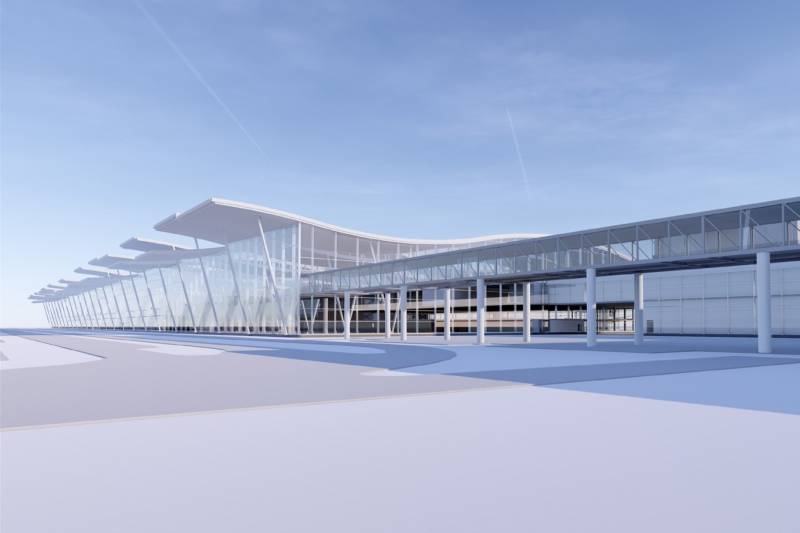Wizualizacja nowego terminalu w Porcie Lotniczym Wrocław po jego rozbudowie.