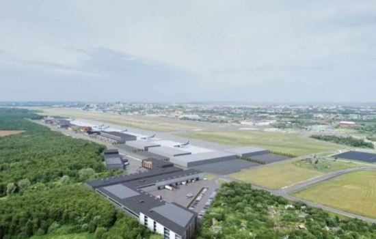 Wizualizacja terminalu cargo w Tallinie. Lotnisko na horyzoncie.